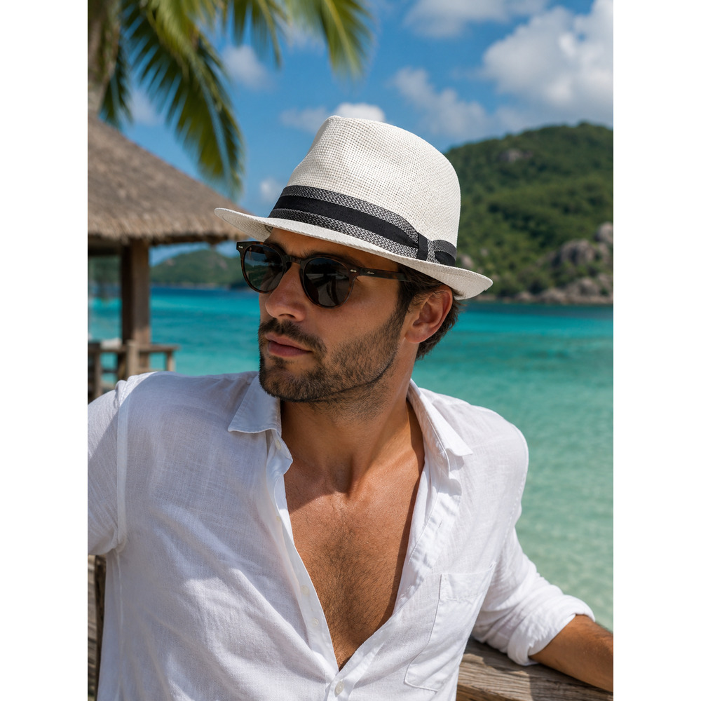 Beige/grey lightweight summer fedora tropical vacation vibes resortwear Dapper
